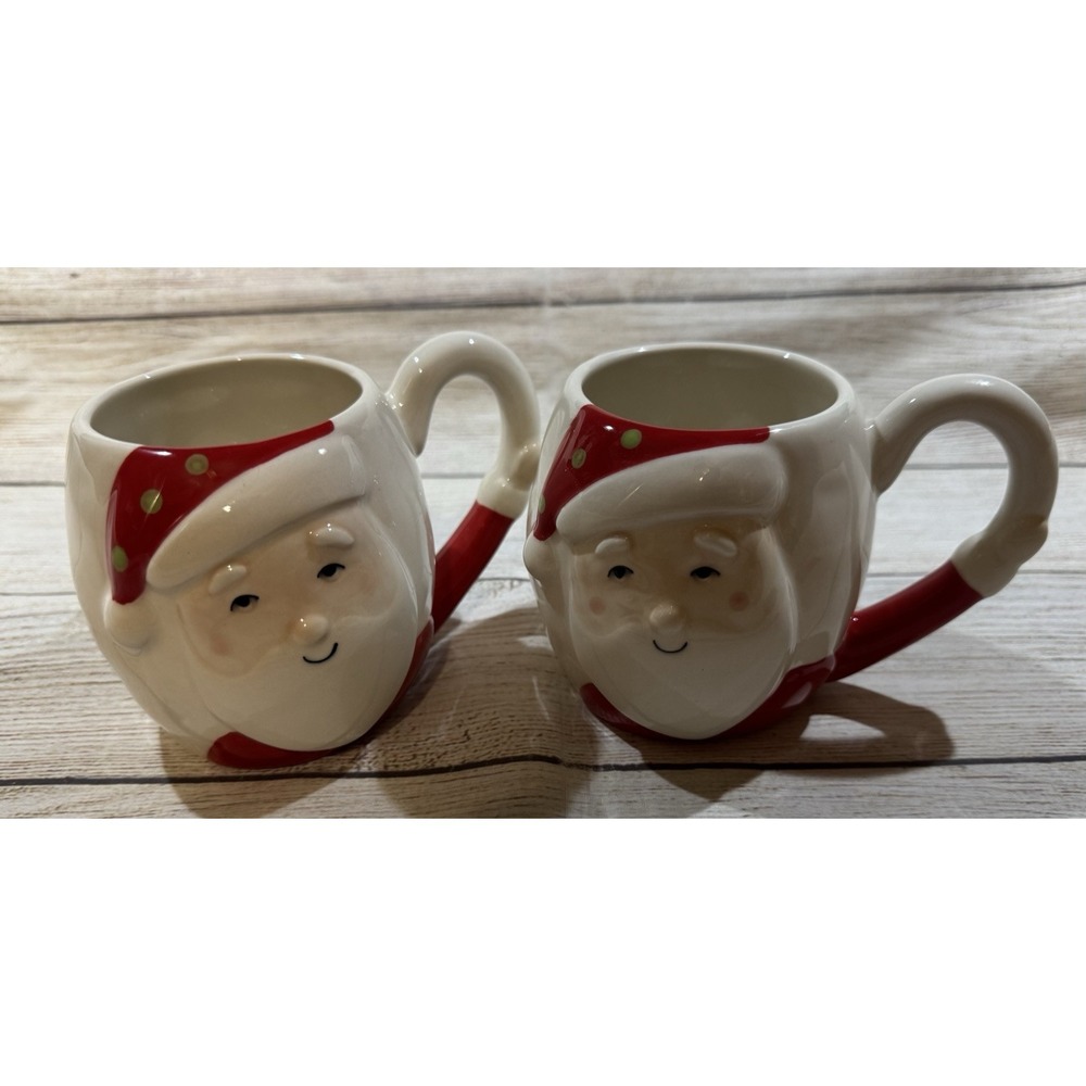 2 Whimsical Demdaco Heartful Home Santa Face Mugs Cups by Tracy Pesche Artist